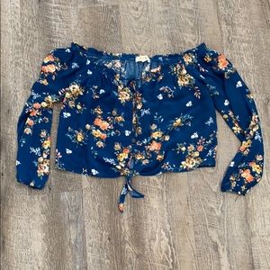 Rewind blue floral off the shoulder crop
